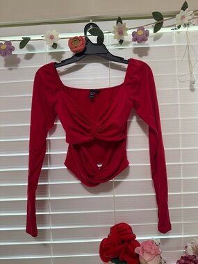 Windsor Red Twist-Front Long Sleeve Crop Top